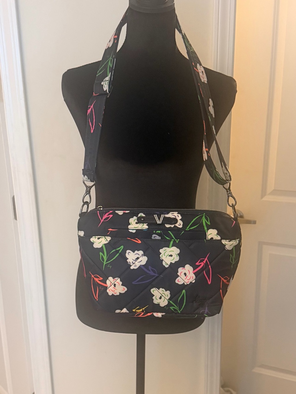 lug Flare Blue Floral Quilted Crossbody Bag with Multicolor Blooms